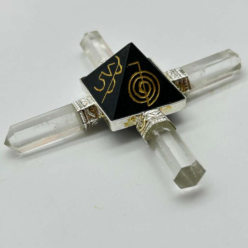 Black Tourmaline Generator Pyramid with Reiki Symbols and Clear Quartz Points