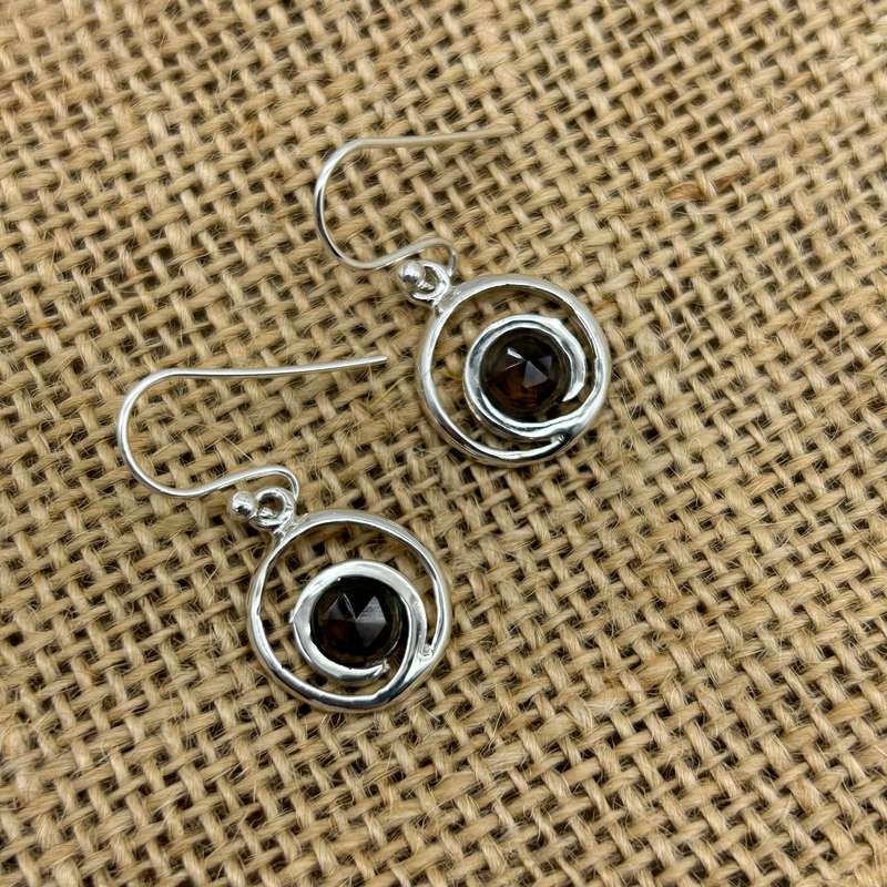Curly Faceted Smoky Quartz Crystal Sterling Silver Earrings
