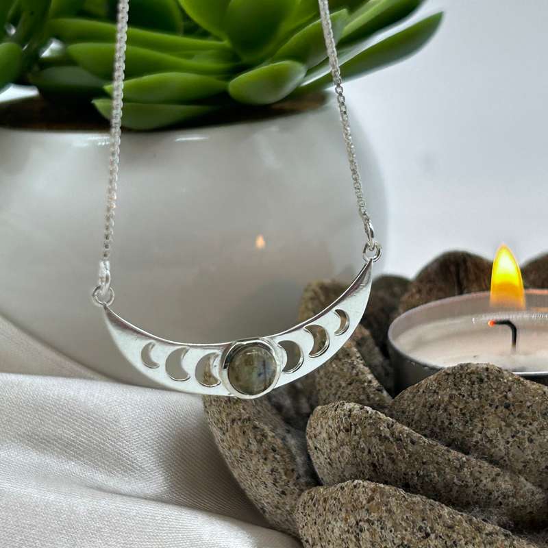 Moon Phase Sterling Silver Necklace With Labradorite