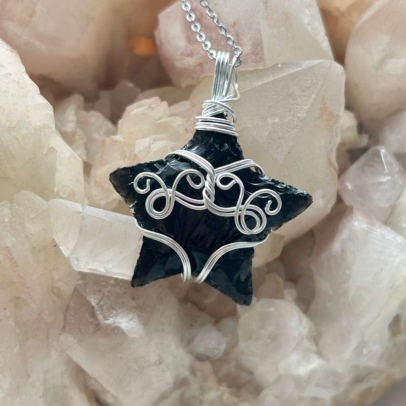 Black Obsidian Star Wire Wrap Pendant