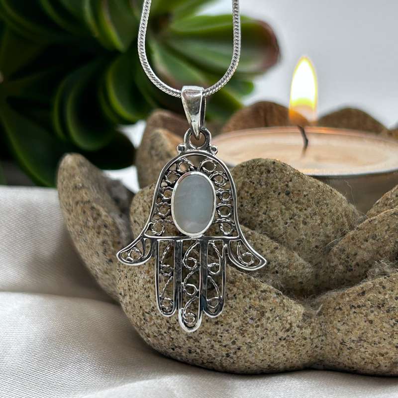 Shimmering Mother Of Pearl Hand Of Hamsa Sterling Silver Pendant