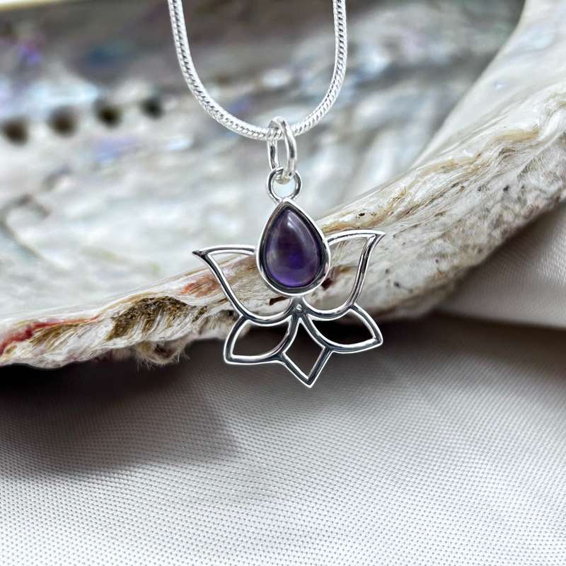 Sterling Silver Lotus with Drop Amethyst Crystal Pendant