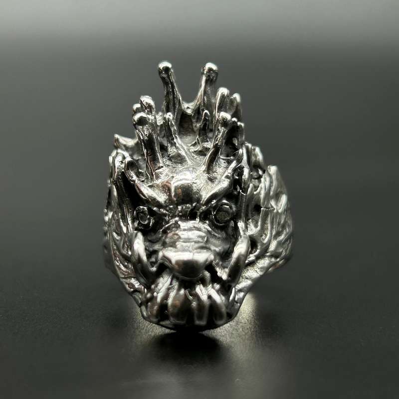 Mens Sterling Silver Ring - Sculpted Dragon Head