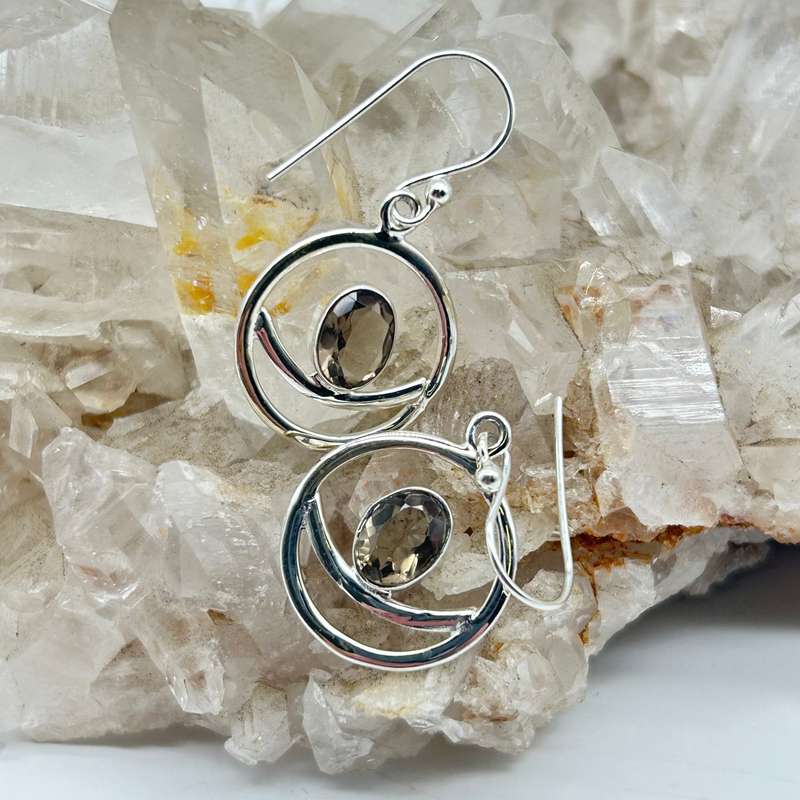 Modern Crescent Moon Smoky Quartz Crystal Sterling Silver Earrings