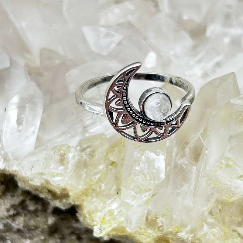 Moonstone Crystal Sterling Silver Moon Ring