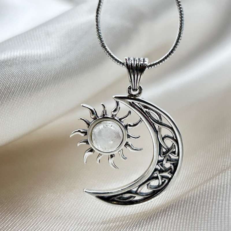 Celtic Cresent Moon & Sun Moonstone Sterling Silver Pendant