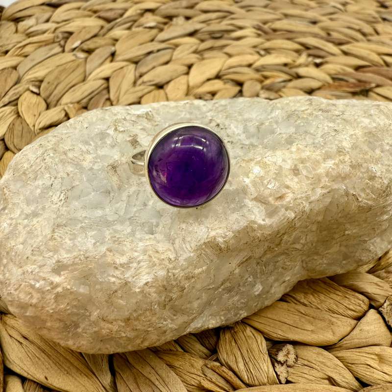 Amethyst Round Sterling Silver Crystal Ring