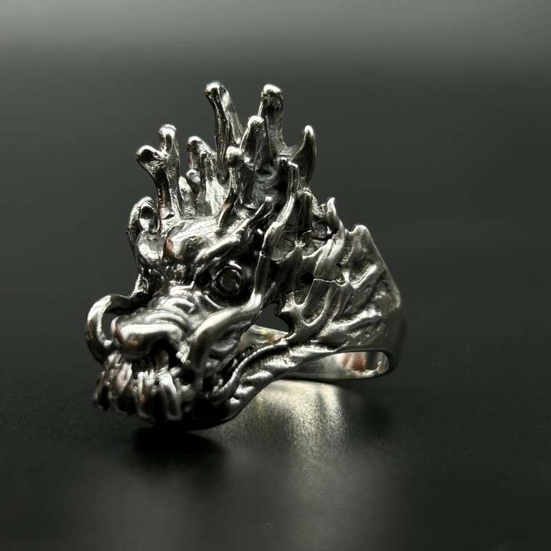 Mens Sterling Silver Ring - Sculpted Dragon Head