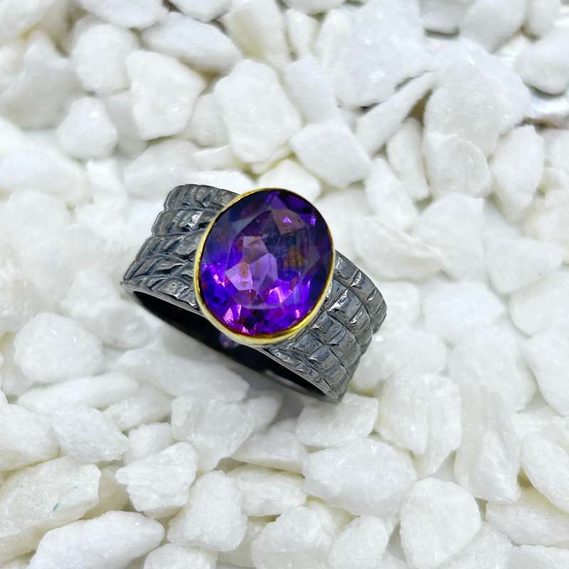 Amethyst Rhodium Plated Sterling Silver Ring