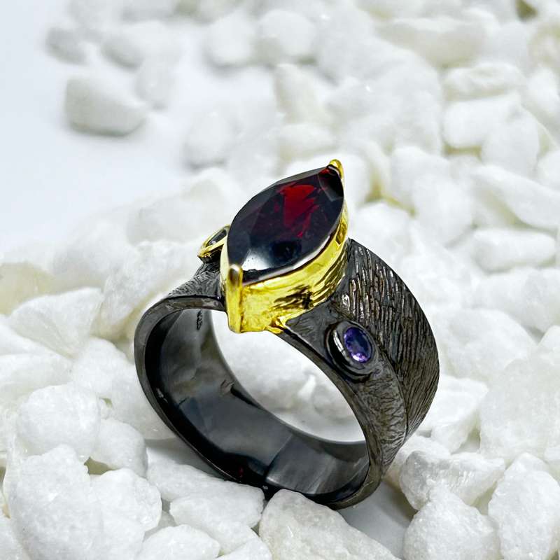Garnet Rhodium Plated Sterling Silver Ring With Amethyst And Blue London Topaz