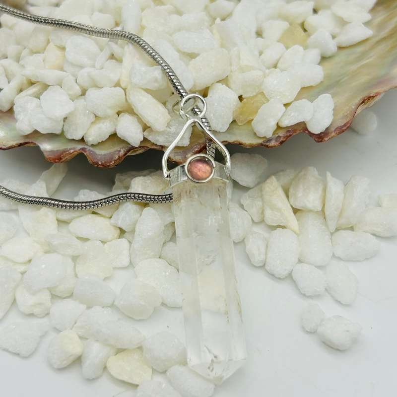 Clear Quartz Crystal Pendant with Pink Tourmaline Cabochon