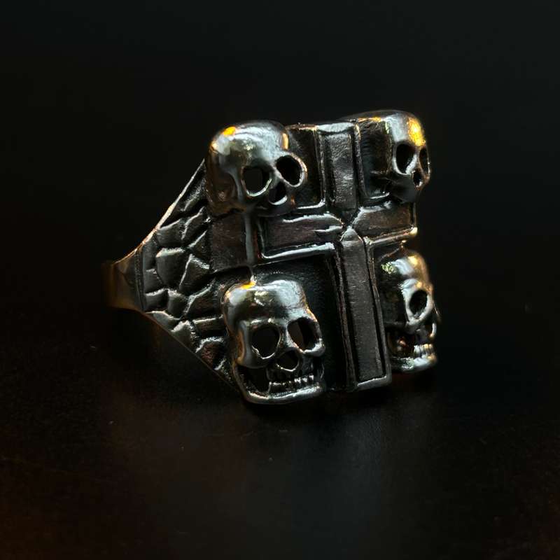 Mens 4 Skull Cross Sterling Silver Ring