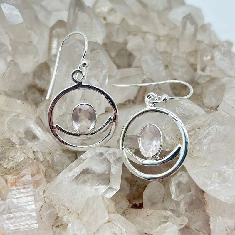 Modern Crescent Moon Rose Quartz Crystal Sterling Silver Ring