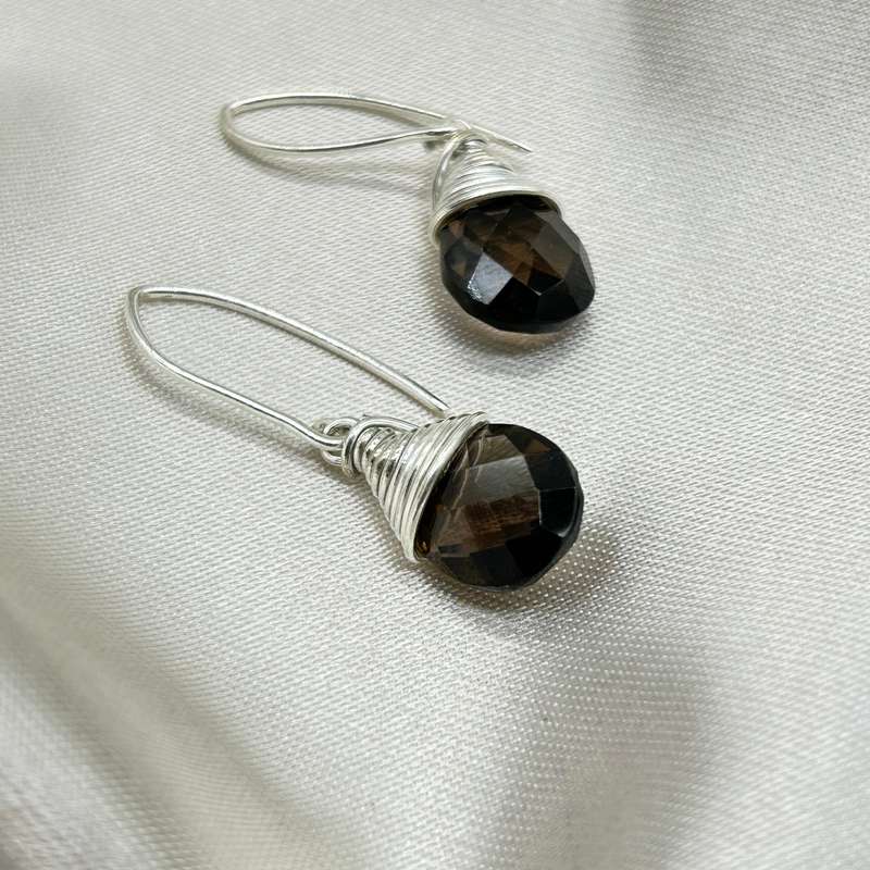 Smoky Quartz Crystal Wire Wrap Sterling Silver Earrings