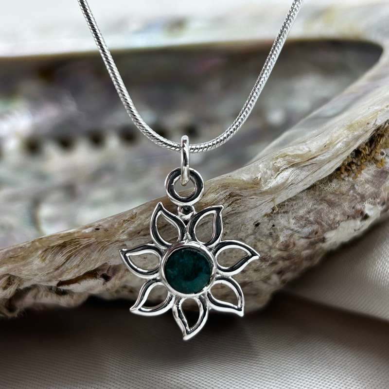 Silver Flower With Faceted Emerald Pendant