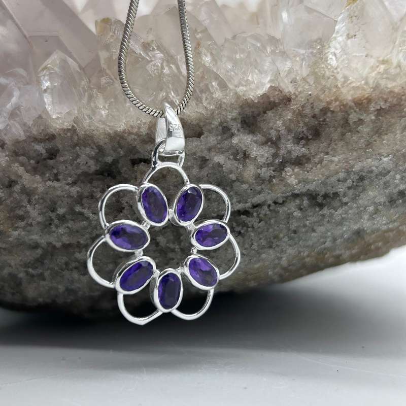 Sterling Silver Flower Amethyst Crystal Pendant