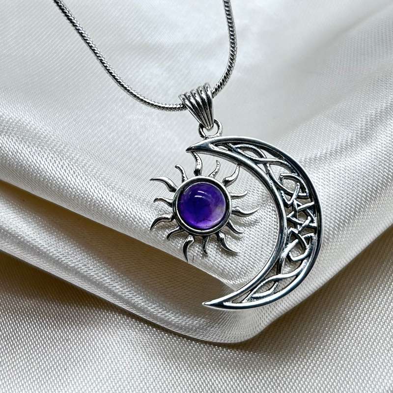 Celtic Cresent Moon & Sun Amethyst Sterling Silver Pendant