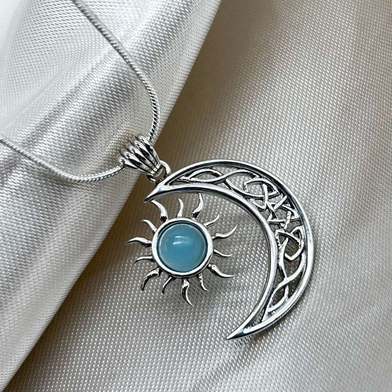 Celtic Cresent Moon & Sun Blue Chalcedony Sterling Silver Pendant