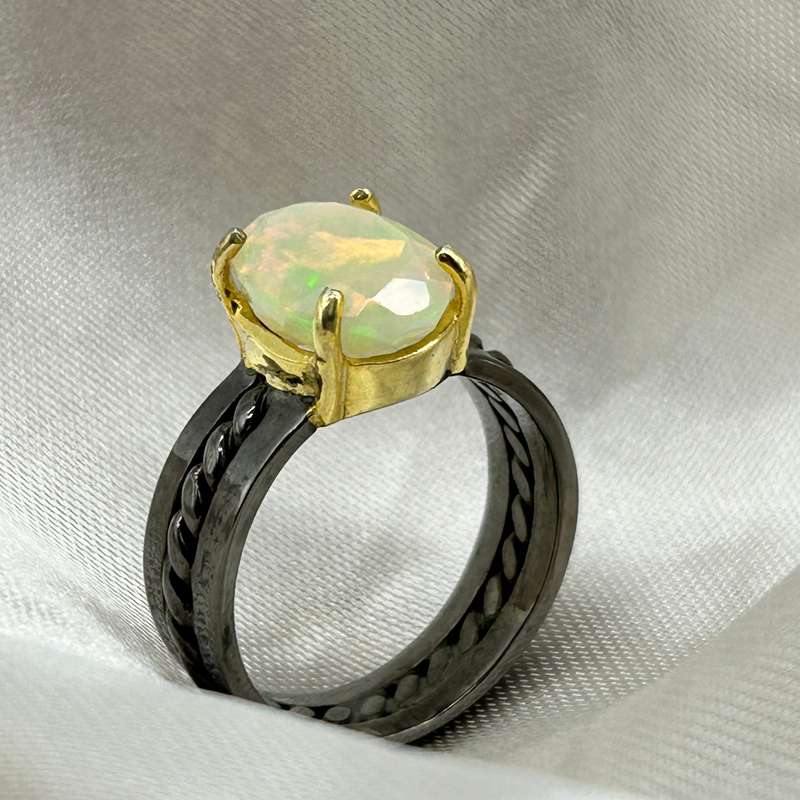 Ethiopian Opal Sterling Silver Rhodium Plated Ring