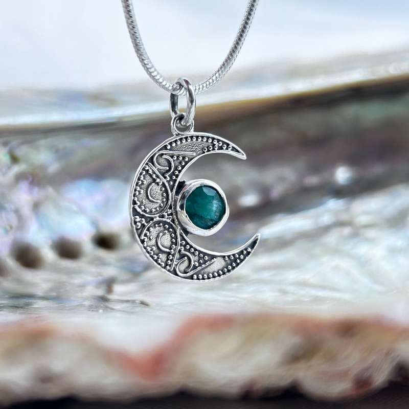 Crescent Moon Filigree With Emerald Sterling Silver Pendant