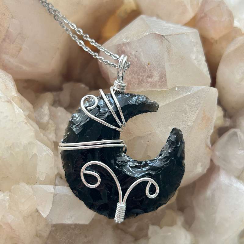 Black Obsidian Moon Wire Wrap Pendant