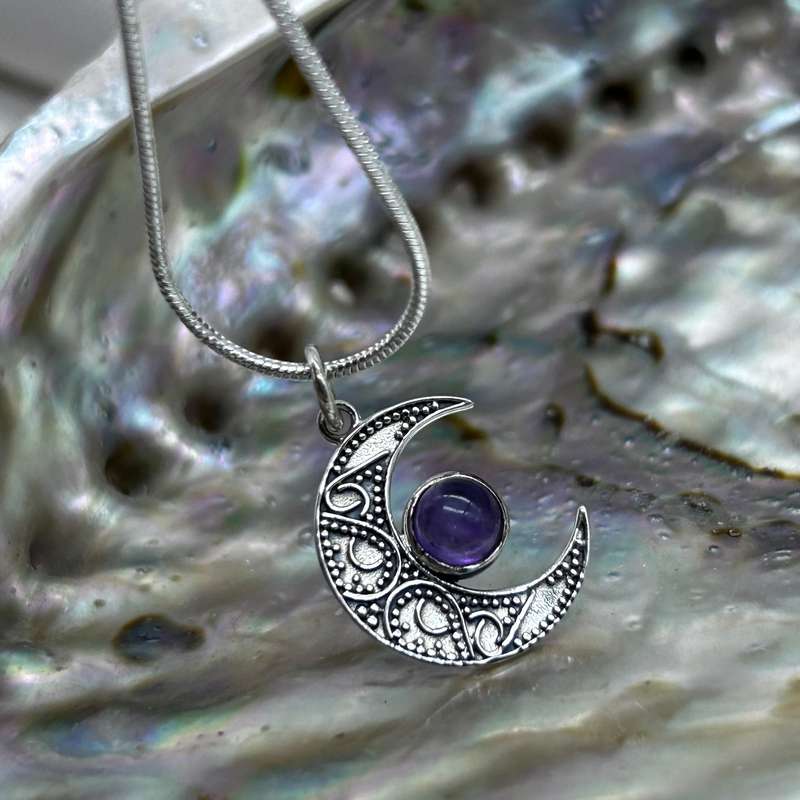 Crescent Moon Filigree With Amethyst Sterling SIlver Pendant