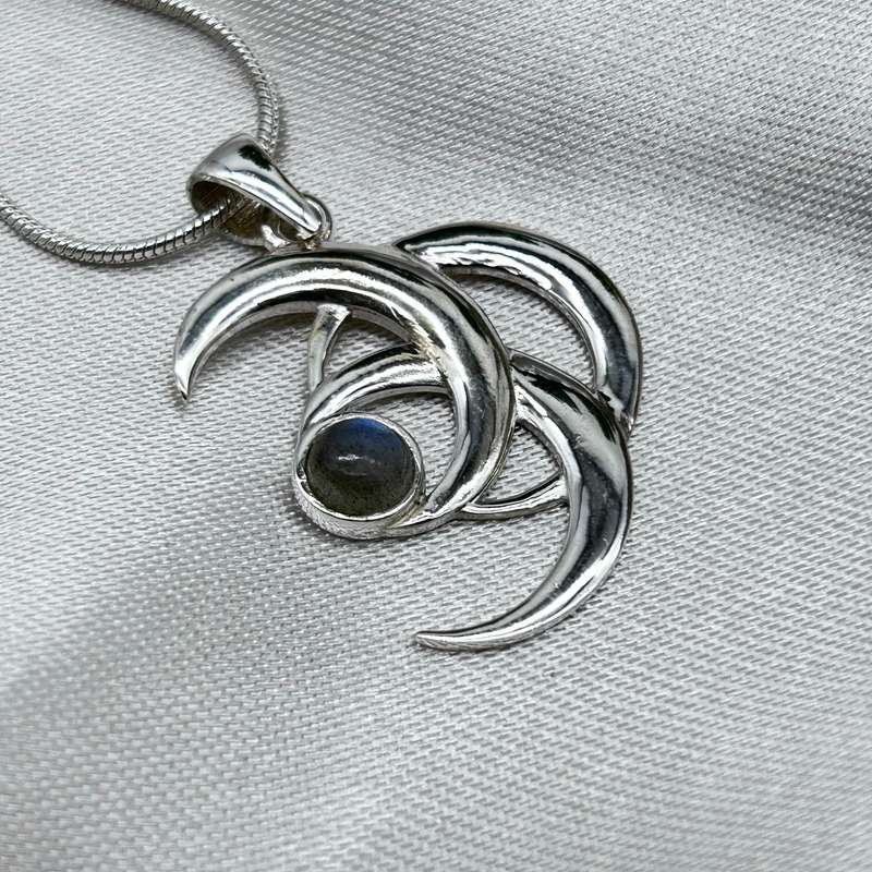 Sterling Silver Triple Crescent Moon Crystal Pendant with Labradorite