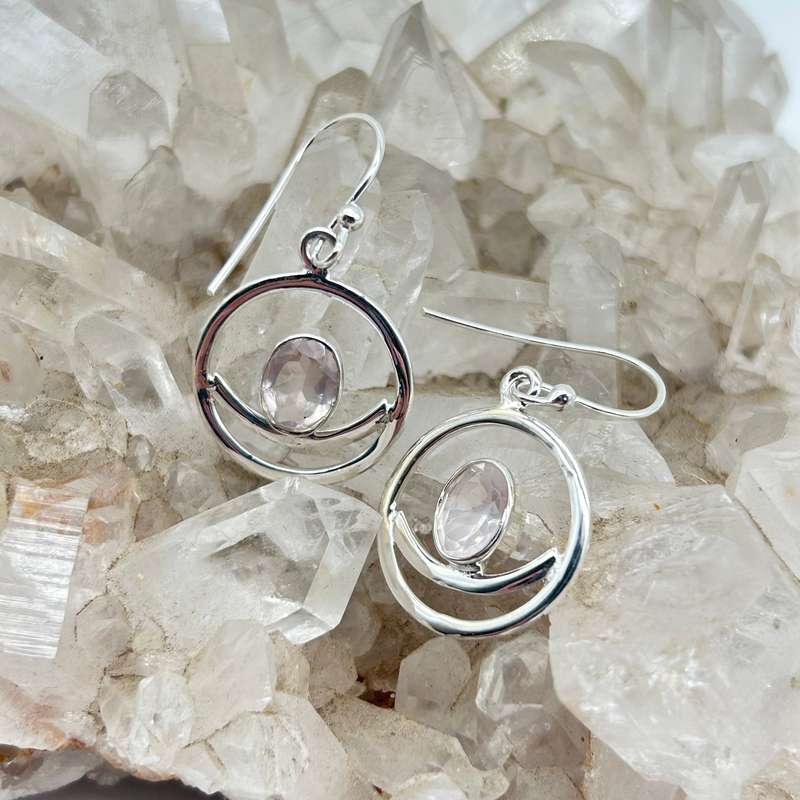 Modern Crescent Moon Rose Quartz Crystal Sterling Silver Ring