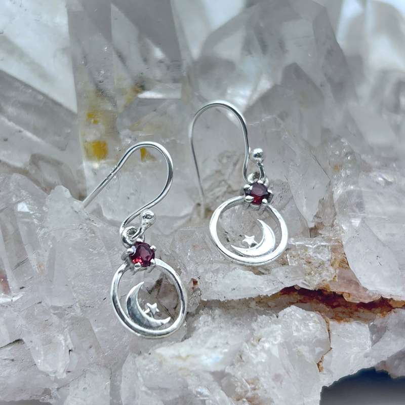 Sterling Silver Garnet Moon And Star Earrings
