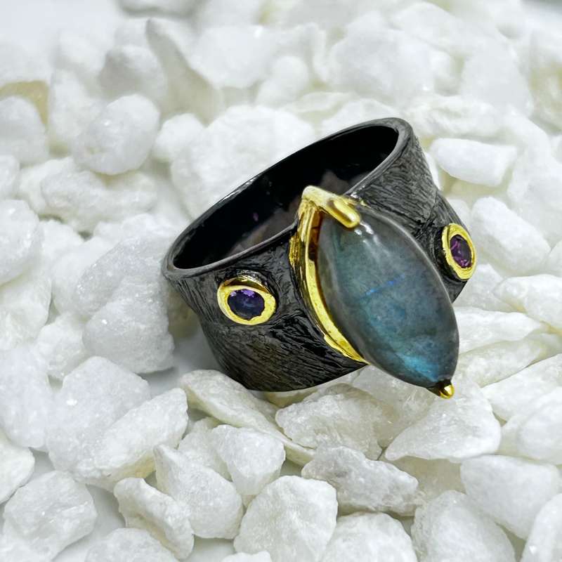 Labradorite Rhodium Plated Sterling Silver Ring With Amethyst And Ruby