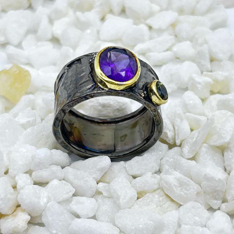 Amethyst Rhodium Plated Sterling Silver Ring With Peridot