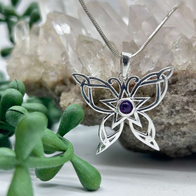 Sterling Silver Celtic Butterfly Amethyst Crystal Cabochon Pendant