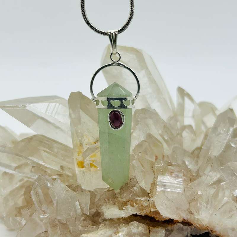 Green Aventurine with Garnet Cabochon DT Crystal Pendant