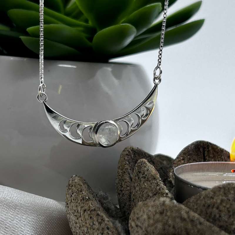 Moon Phase Sterling Silver Necklace With Moonstone
