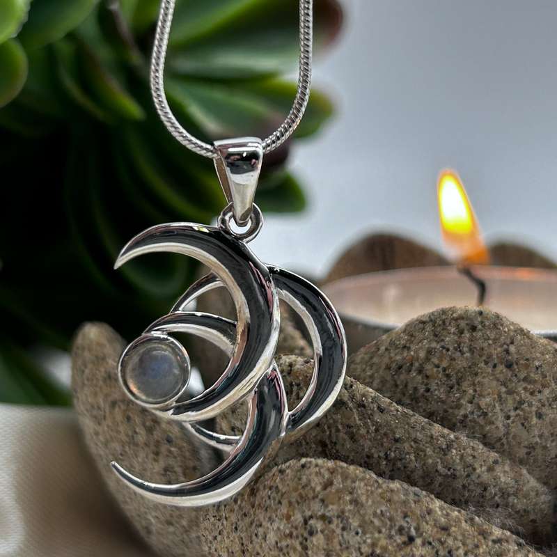Sterling Silver Triple Crescent Moon Crystal Pendant with Labradorite