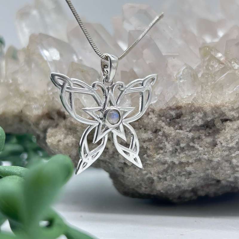 Sterling Silver Celtic Butterfly With Moonstone Cabochon Crystal Pendant