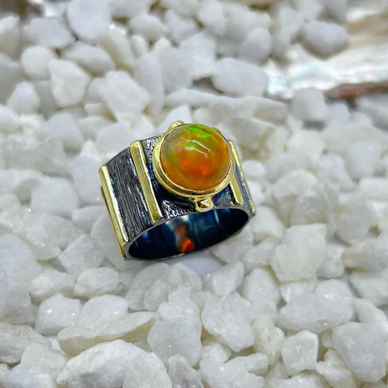 Mexican Opal Rhodium Plated Sterling Silver Ring