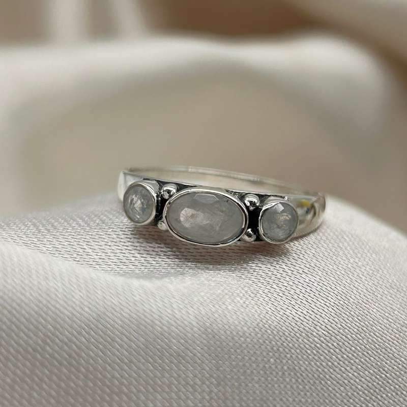 Moonstone Sterling Silver Crystal 3 Stone Ring