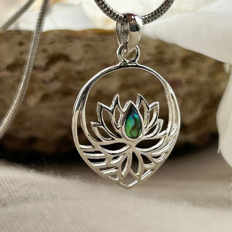 Lotus Flower Teardrop Mother Of Pearl Sterling Silver Pendant