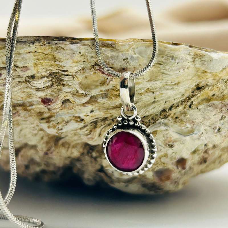 Sterling Silver Ruby Crystal Gemstone Cabochon Pendant
