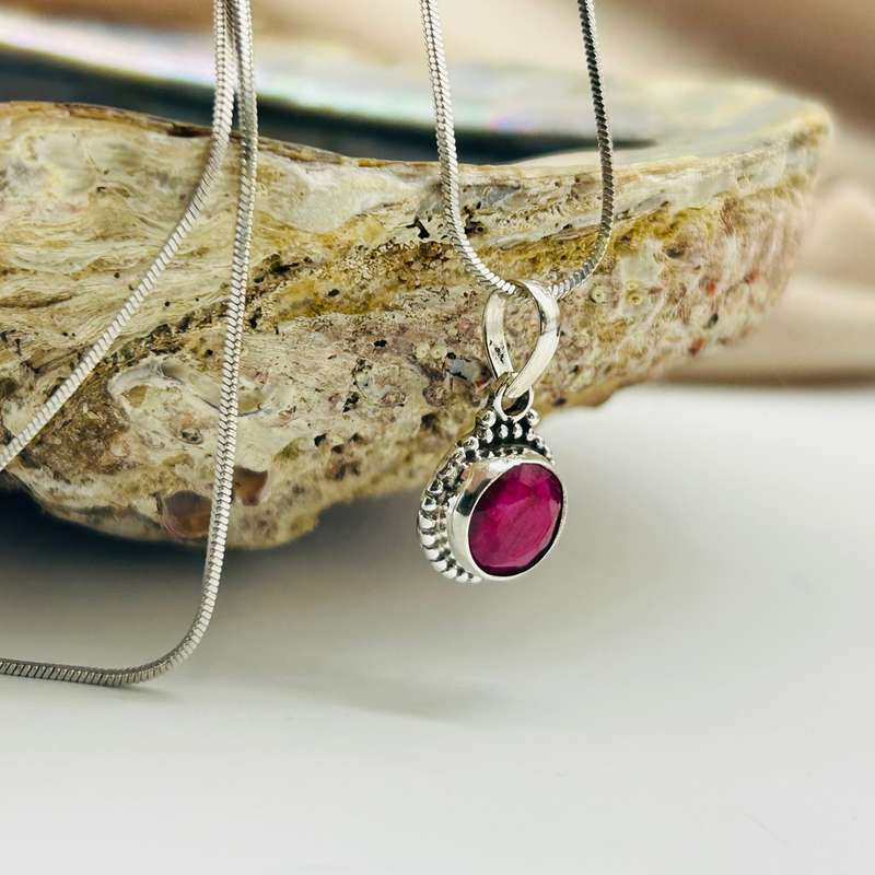 Sterling Silver Ruby Crystal Gemstone Cabochon Pendant