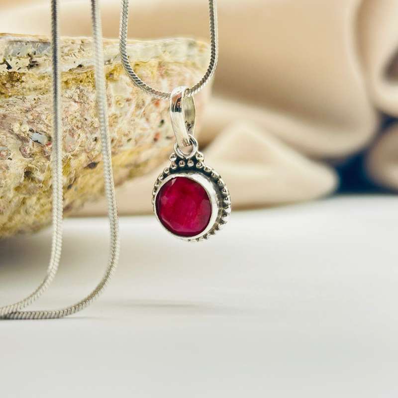 Sterling Silver Ruby Crystal Gemstone Cabochon Pendant