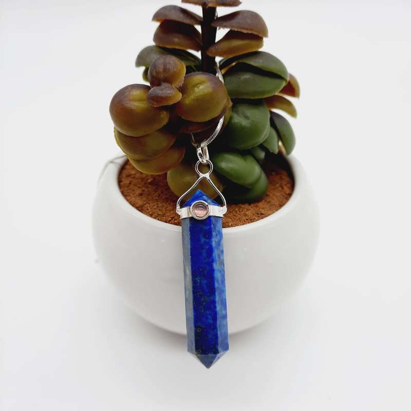 Lapis Lazuli with Pink Tourmaline Cabochon Crystal Double Terminated Pendant