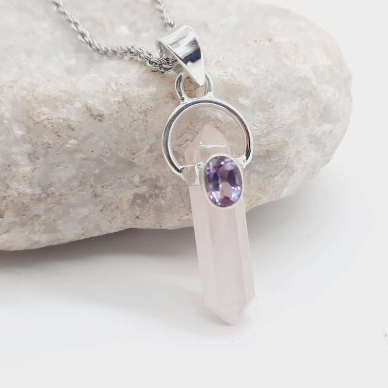 Rose Quartz & Faceted Amethyst Double Sterling Silver Terminated Crystal Pendant
