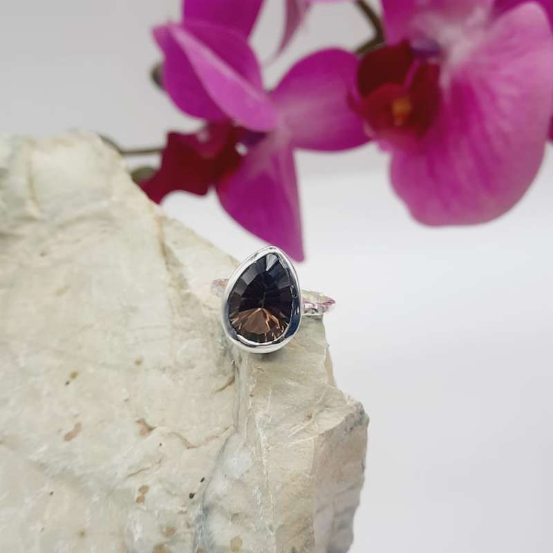 Sterling Silver Faceted Crystal Smoky Quartz Ring