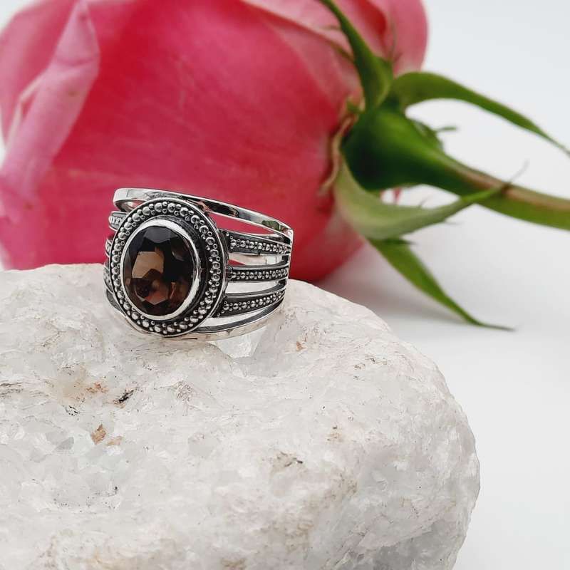 Sterling Silver Detailed Smoky Quartz Crystal Ring