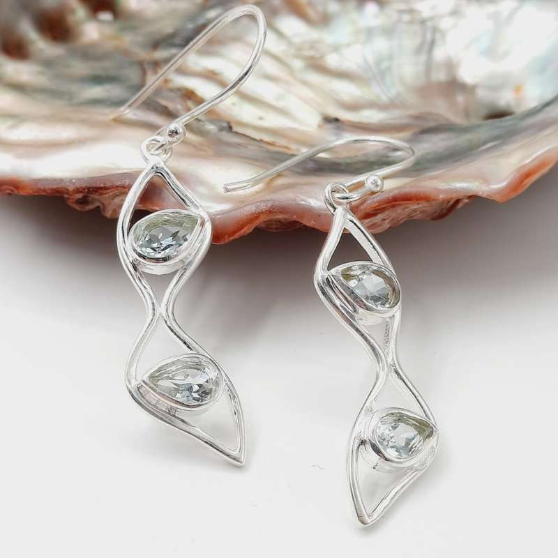 Sterling Silver 2 Stone Blue Topaz Crystal Free Form Earrings
