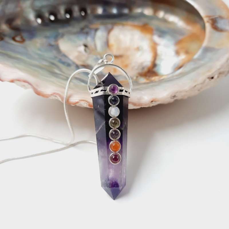 Double Terminated Amethyst Quartz Crystal Pendant With Chakra Gemstone Cabochons.