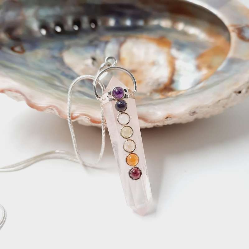 Double Terminated Rose Quartz Crystal Pendant With Chakra Gemstone Cabochons