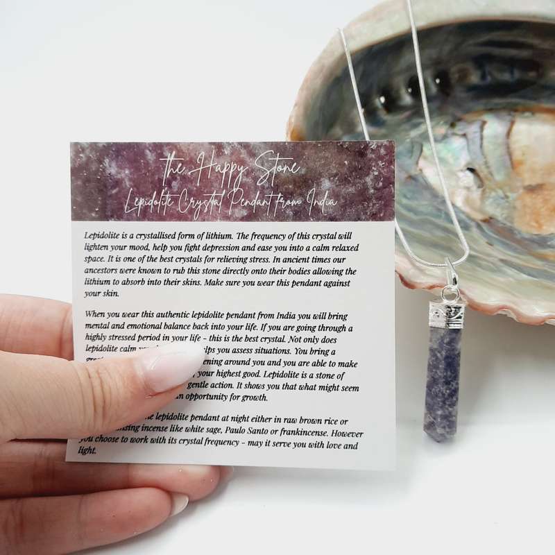 The Happy Stone Lepidolite Crystal Pendant from India